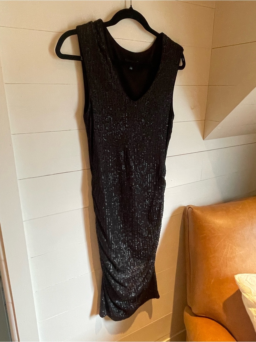 DREW Black Sequin V-Neck Sleeveless Midi Dress